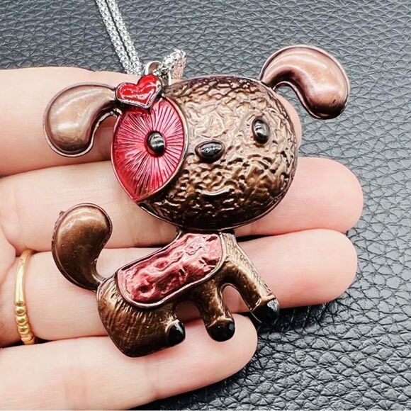 Enamel Love Heart Puppy Dog Animal Chain Necklace/Brooch Pin NWOT - Picture 2 of 3